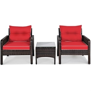 3PCS Outdoor Rattan Conversation Set Patio Garden Sofa Red