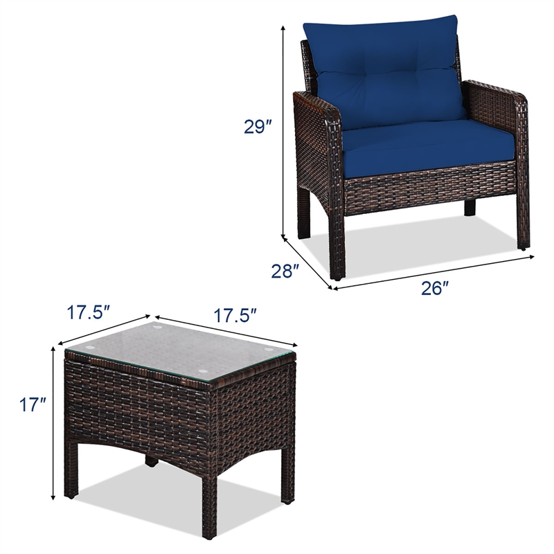 3PCS Outdoor Rattan Conversation Set Patio Garden Sofa Navy