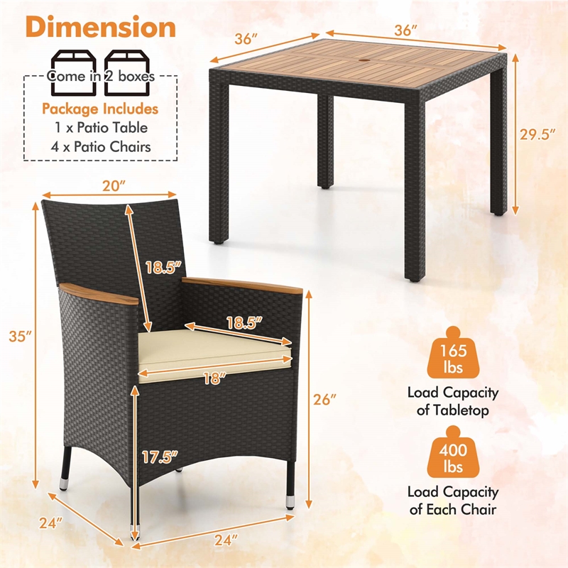 5 PCS Patio Dining Table Set for 4 Rattan Conversation Set Brown