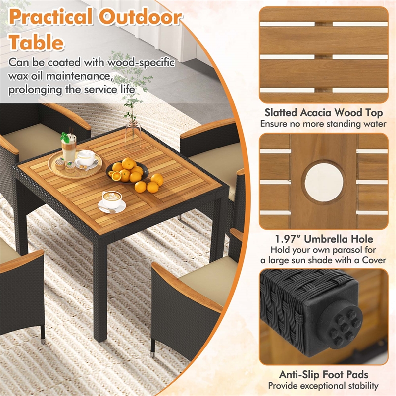 5 PCS Patio Dining Table Set for 4 Rattan Conversation Set Brown