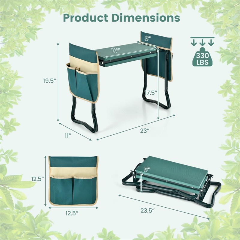 Foldable Garden Stool Heavy Duty Gardening Bench w/2 Pouches Green