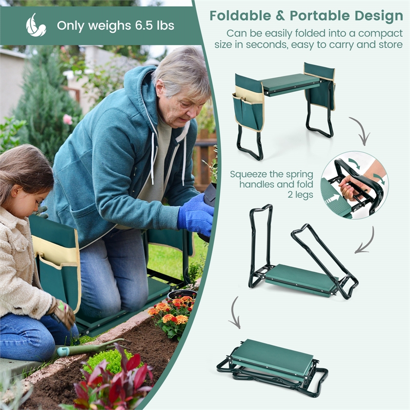 Foldable Garden Stool Heavy Duty Gardening Bench w/2 Pouches Green