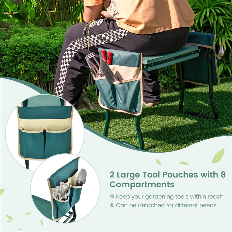 Foldable Garden Stool Heavy Duty Gardening Bench w/2 Pouches Green