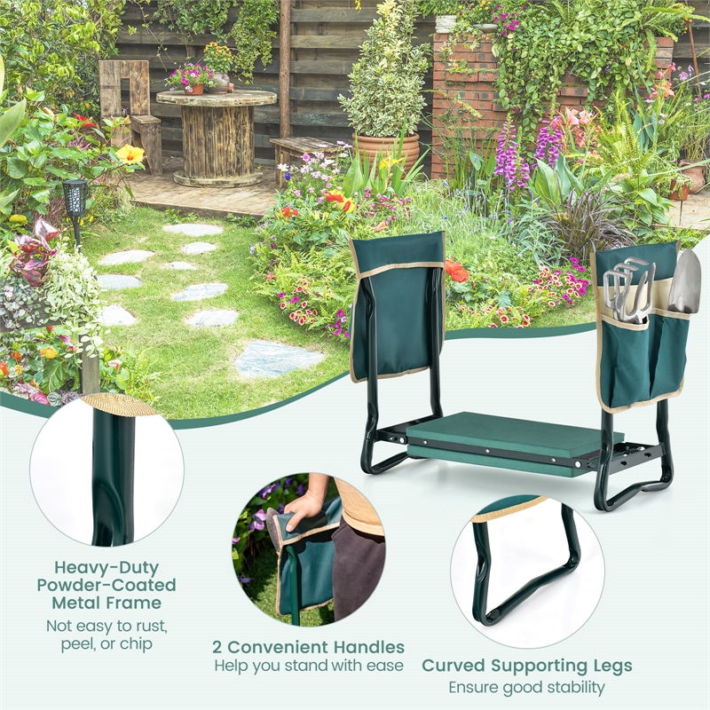Foldable Garden Stool Heavy Duty Gardening Bench w/2 Pouches Green