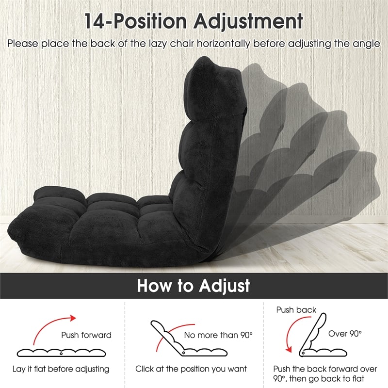 Adjustable 14 Position Floor Chair Folding Lazy Gaming Sofa Cushioned Black