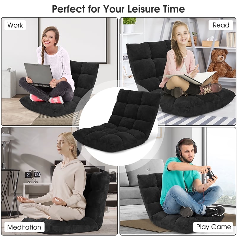 Adjustable 14 Position Floor Chair Folding Lazy Gaming Sofa Cushioned Black