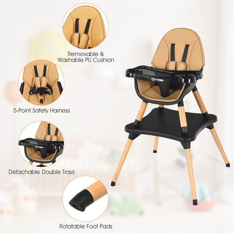 Baby High Chair Infant Wooden Convertible Chair 5 Point Seat Belt Coffee