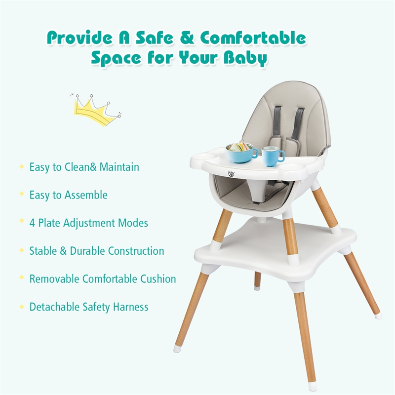 Baby High Chair Infant Wooden Convertible Chair 5 Point Seat Belt Gray