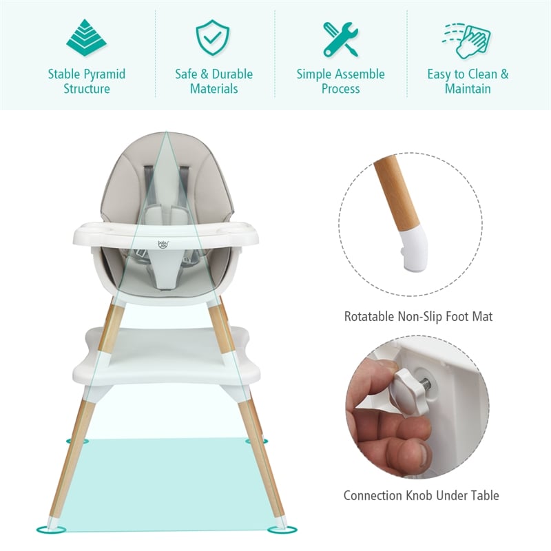 Baby High Chair Infant Wooden Convertible Chair 5 Point Seat Belt Gray