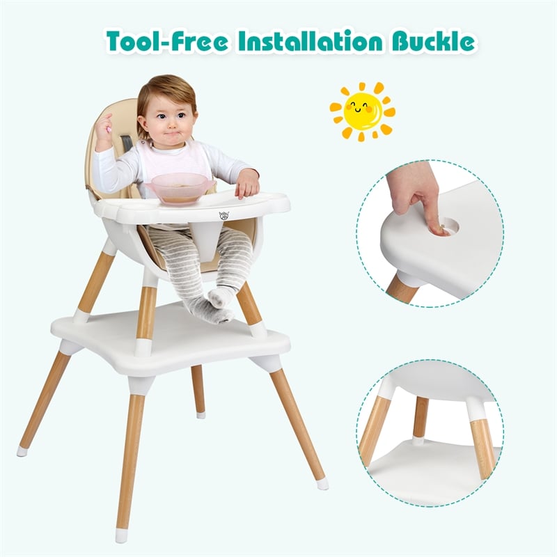 Baby High Chair Infant Wooden Convertible Chair 5 Point Seat Belt Khaki