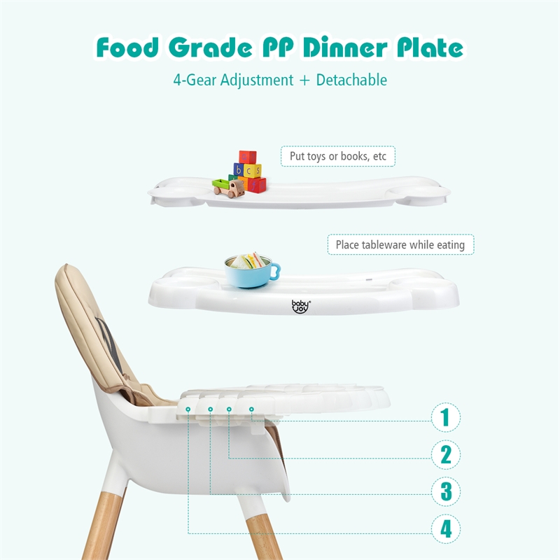 Baby High Chair Infant Wooden Convertible Chair 5 Point Seat Belt Khaki