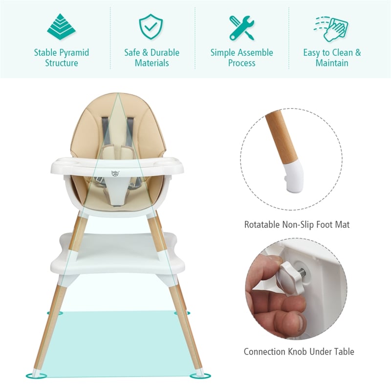 Baby High Chair Infant Wooden Convertible Chair 5 Point Seat Belt Khaki