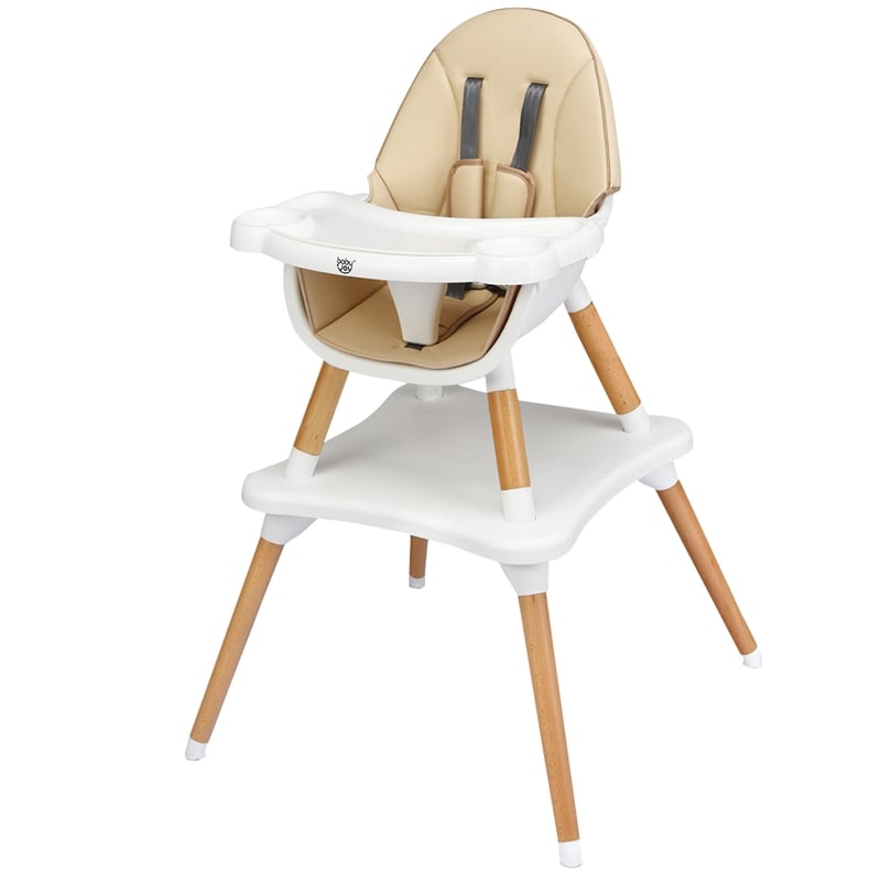 Baby High Chair Infant Wooden Convertible Chair 5 Point Seat Belt Khaki