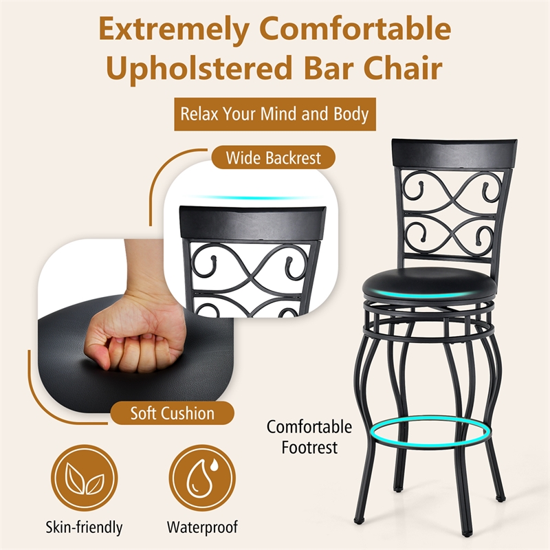 Set of 2 Vintage Bar Stools Swivel Padded Seat Bistro Pub Black