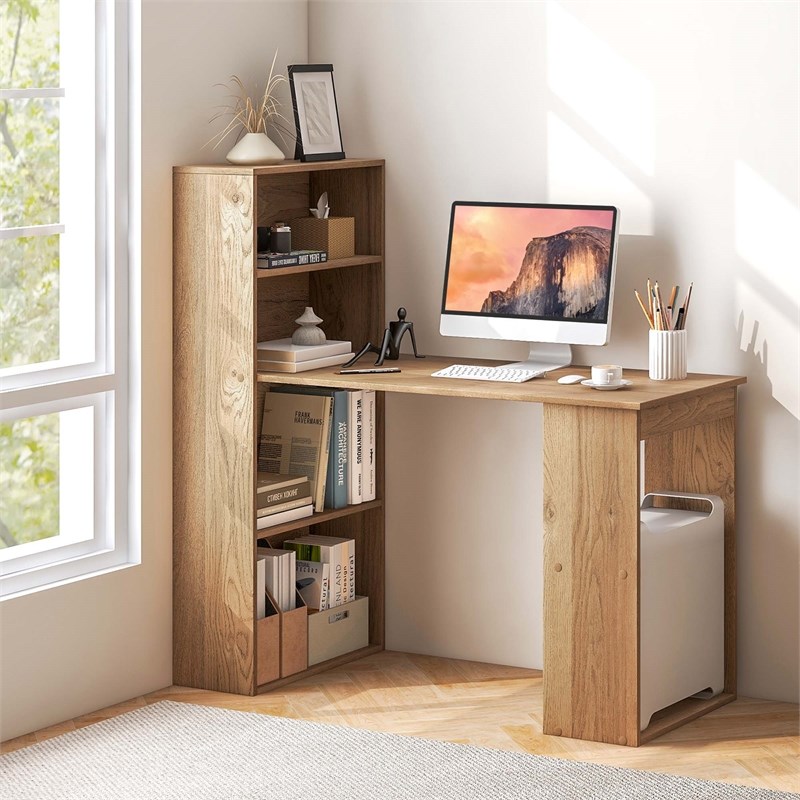 Computer Desk Writing  Workstation Office 6 Tier Storage Shelves Natural