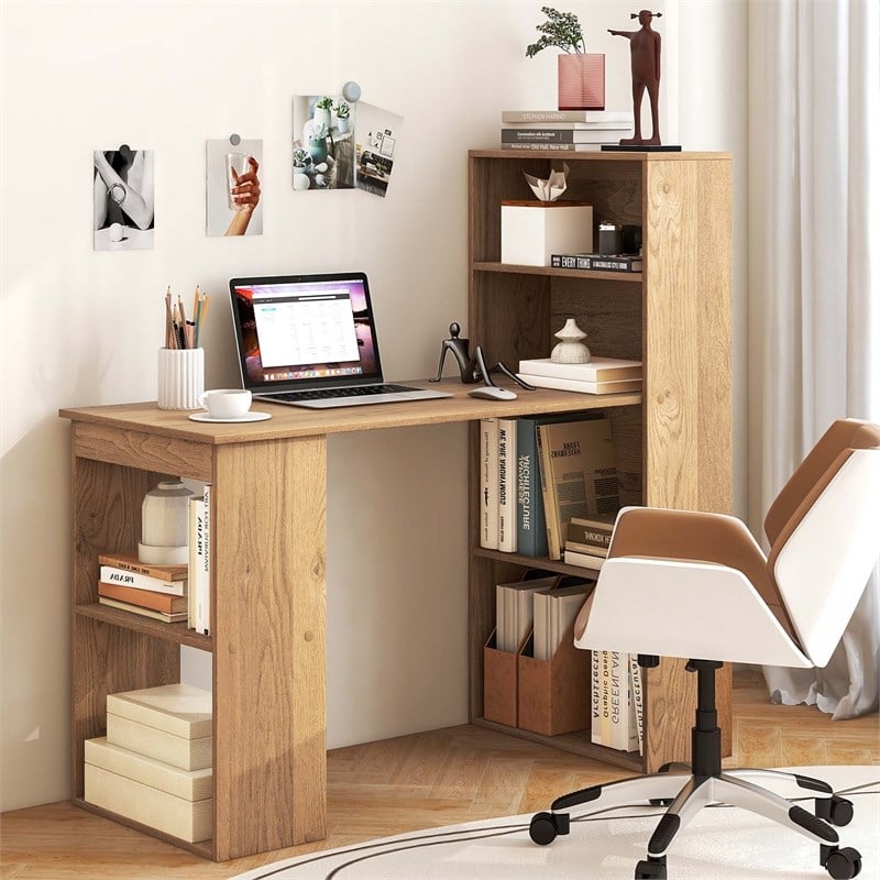 Computer Desk Writing  Workstation Office 6 Tier Storage Shelves Natural