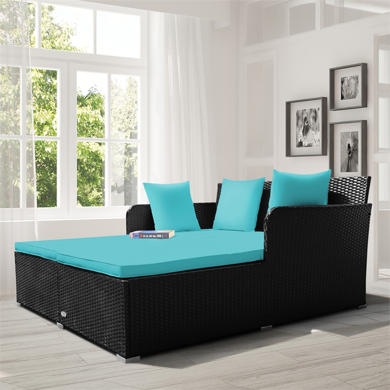 Outdoor Patio Rattan Daybed Cushioned Sofa Furniture Turquoise