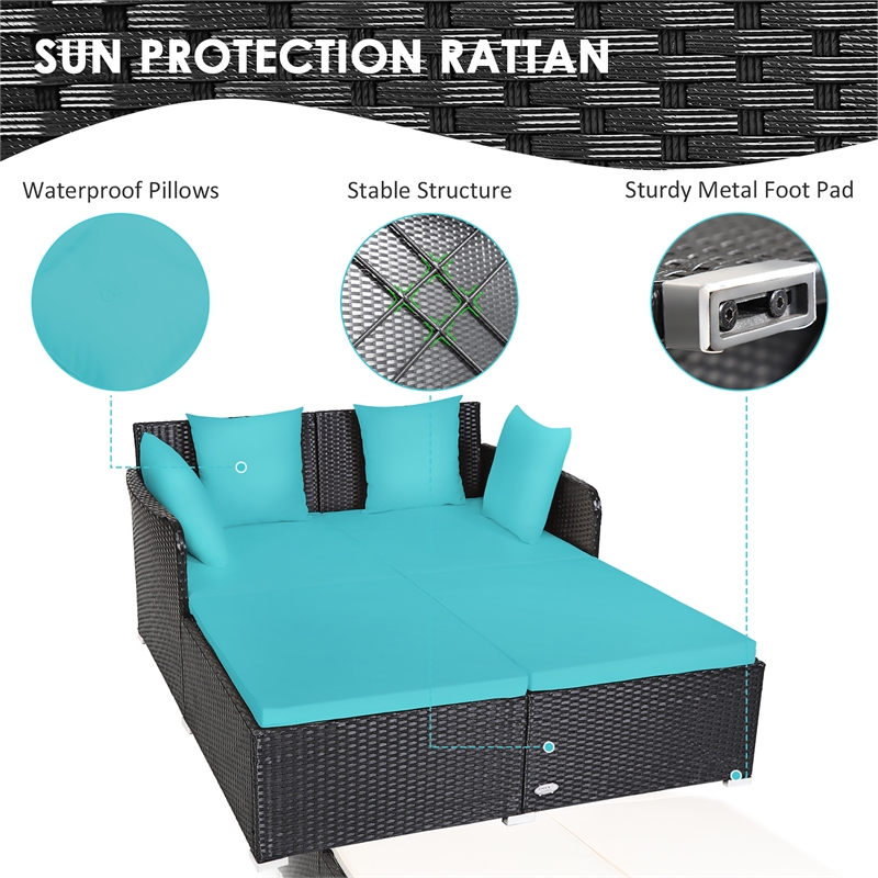 Outdoor Patio Rattan Daybed Cushioned Sofa Furniture Turquoise