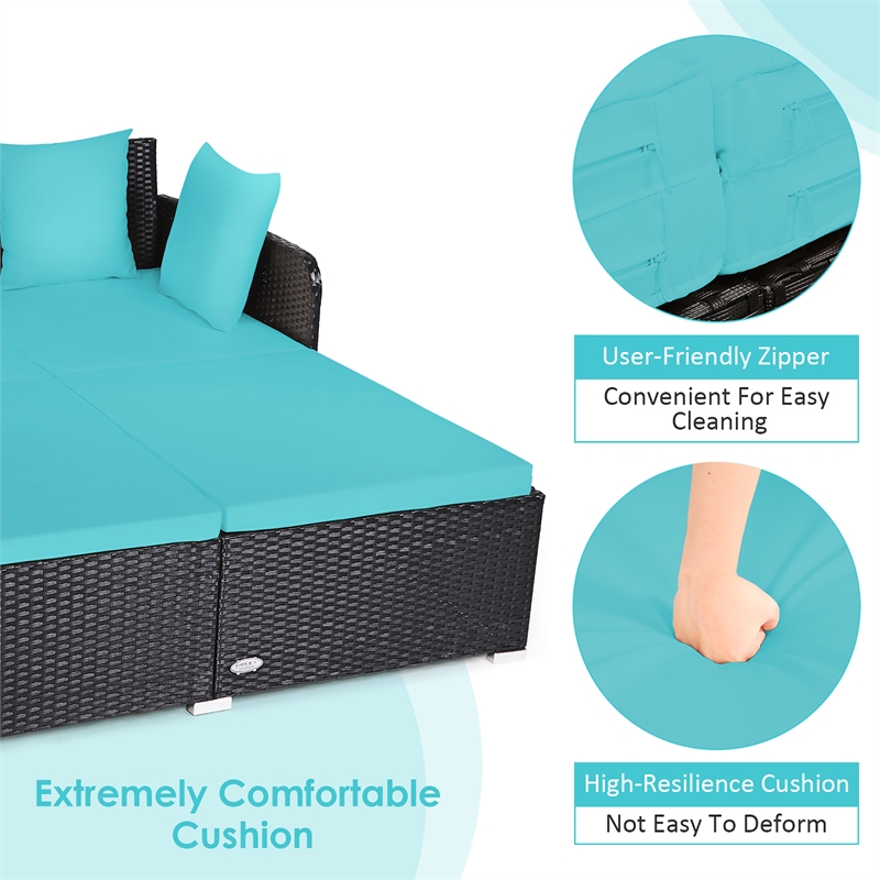 Outdoor Patio Rattan Daybed Cushioned Sofa Furniture Turquoise