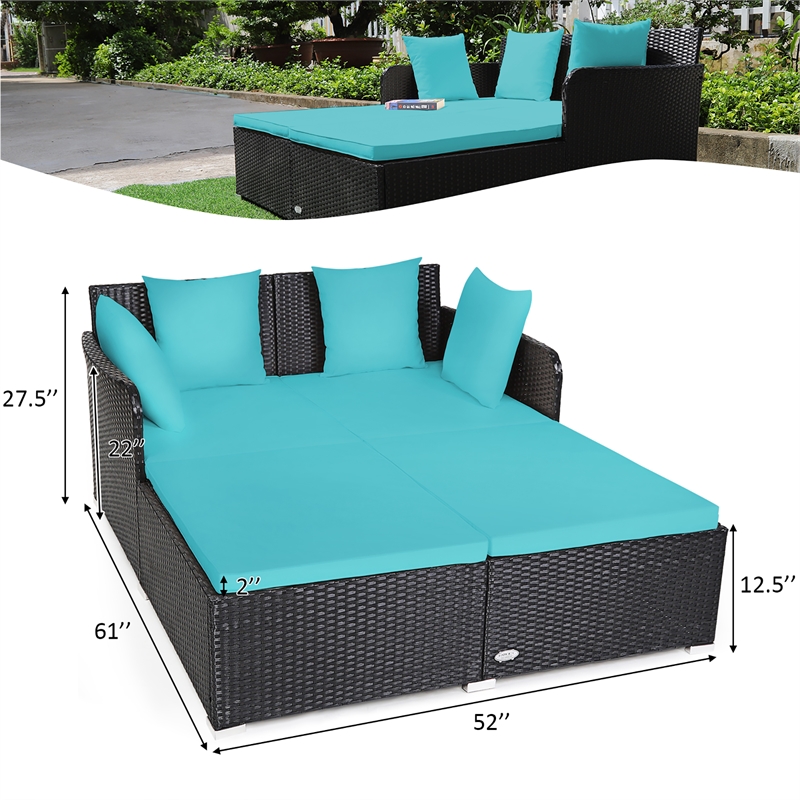 Outdoor Patio Rattan Daybed Cushioned Sofa Furniture Turquoise
