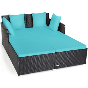 Outdoor Patio Rattan Daybed Cushioned Sofa Furniture Turquoise