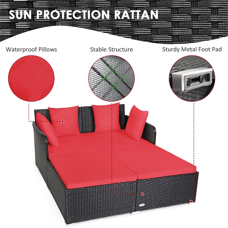 Outdoor Patio Rattan Daybed Cushioned Sofa Furniture Red