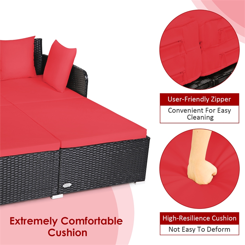 Outdoor Patio Rattan Daybed Cushioned Sofa Furniture Red