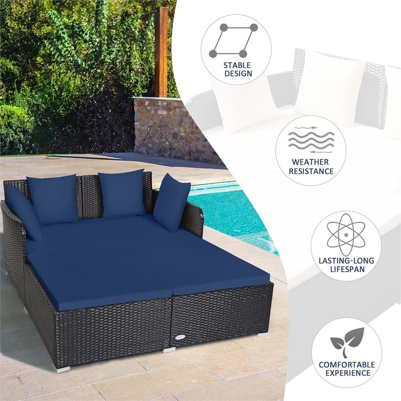 Outdoor Patio Rattan Daybed Cushioned Sofa Furniture Navy