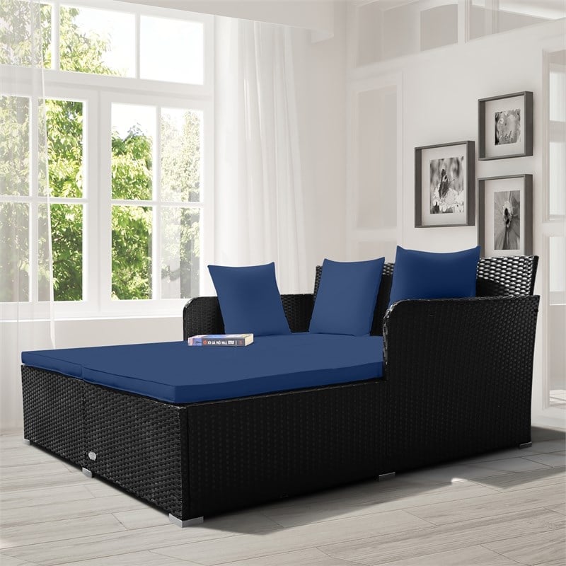 Outdoor Patio Rattan Daybed Cushioned Sofa Furniture Navy