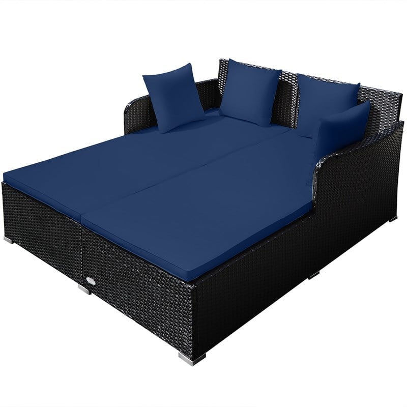 Outdoor Patio Rattan Daybed Cushioned Sofa Furniture Navy
