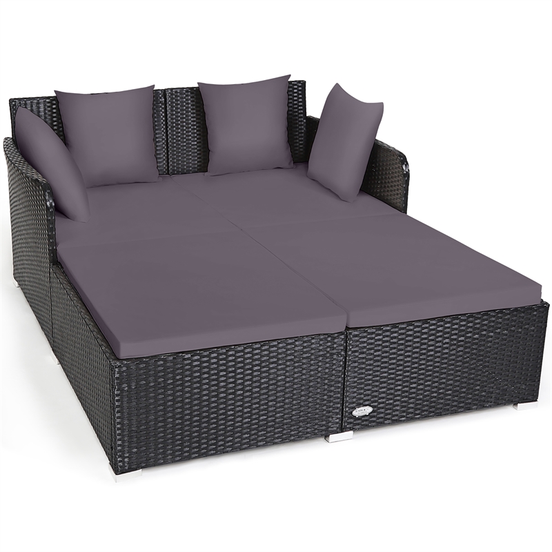 Outdoor Patio Rattan Daybed Cushioned Sofa Furniture Gray