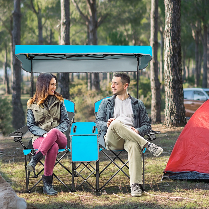 Portable Folding Camping Canopy Chairs w/ Cup Holder Blue