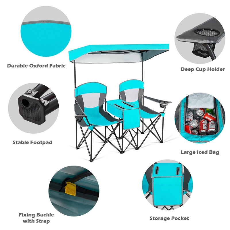 Portable Folding Camping Canopy Chairs w/ Cup Holder Turquoise