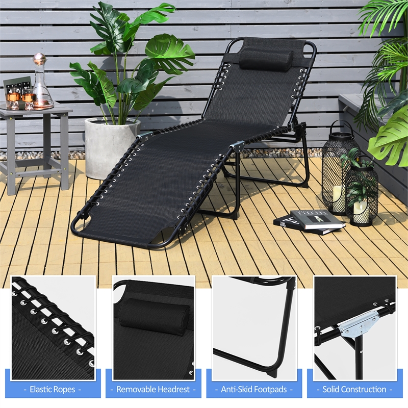Folding Lounge Chaise High Recline W/Adjustable Backrest Black