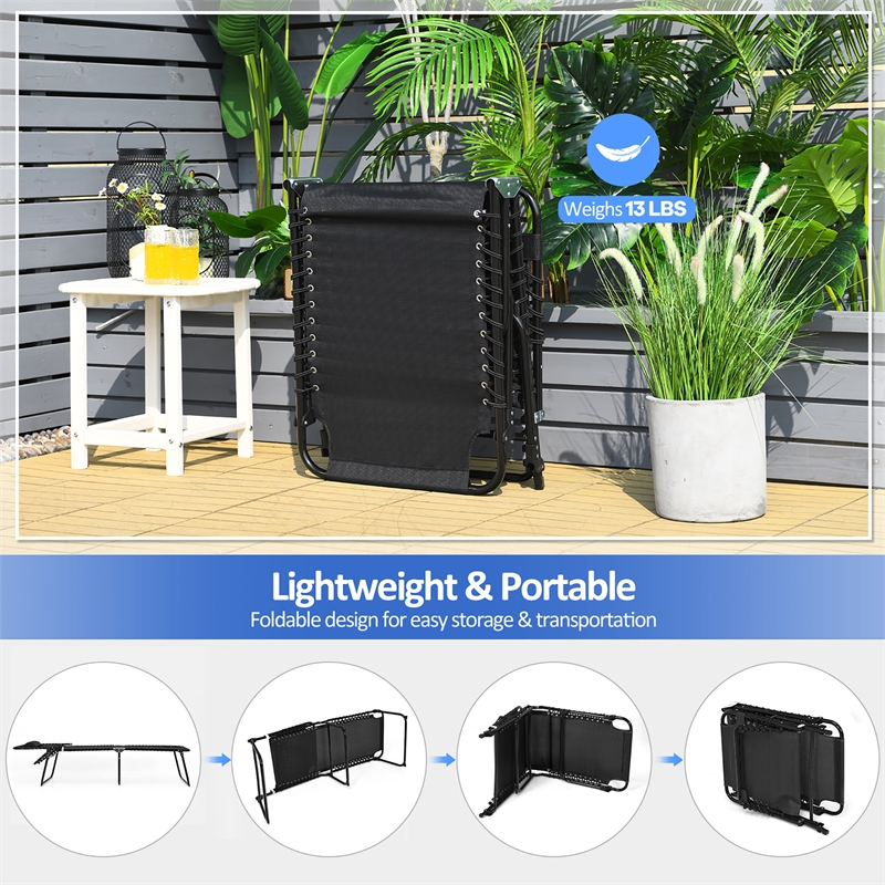 Folding Lounge Chaise High Recline W/Adjustable Backrest Black