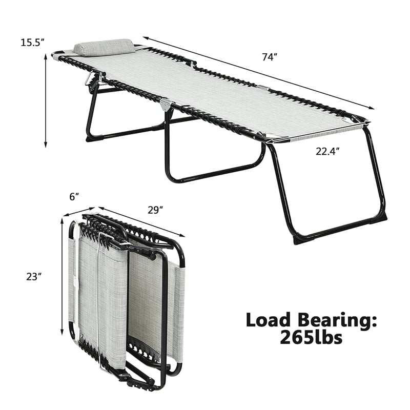 Folding Lounge Chaise High Recline W/Adjustable Backrest Gray