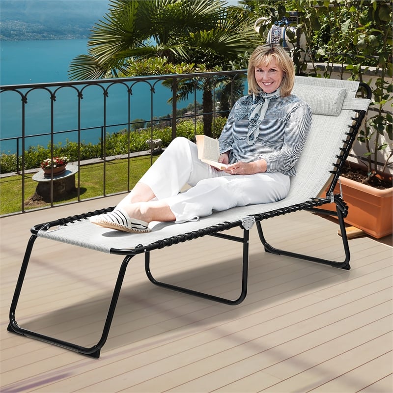 Folding Lounge Chaise High Recline W/Adjustable Backrest Gray