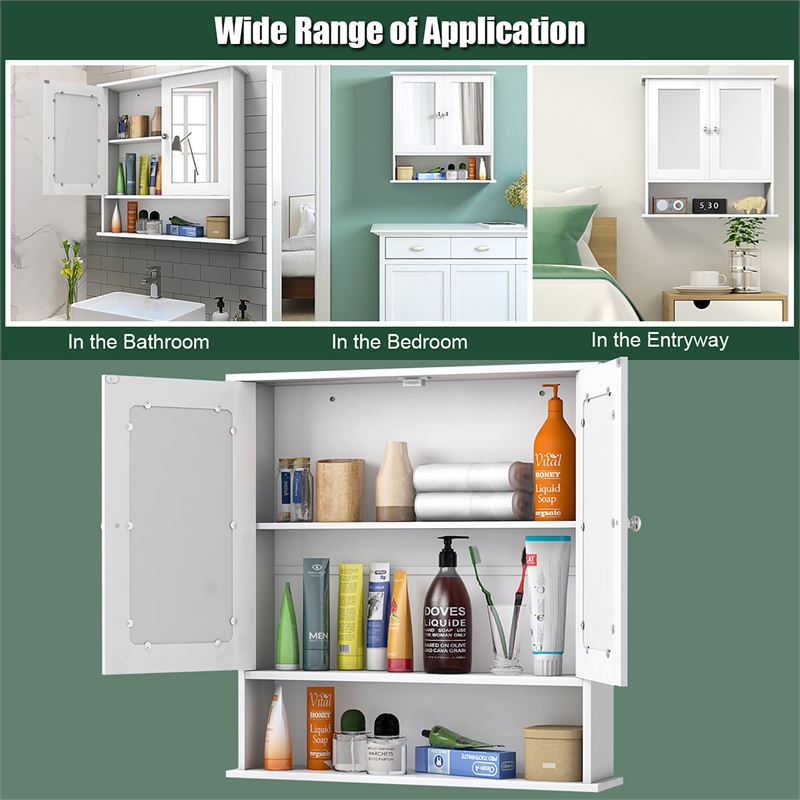 Bathroom Double Mirror Door Storage Medicine Cabinet White