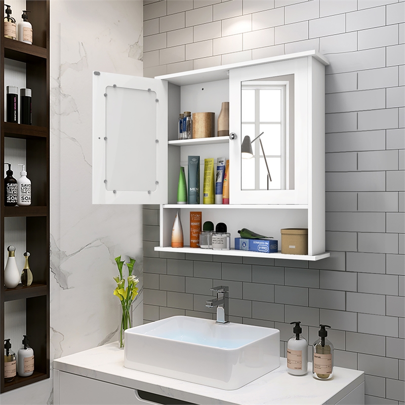 Bathroom Double Mirror Door Storage Medicine Cabinet White