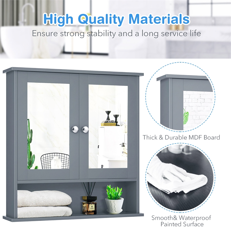 Bathroom Double Mirror Door Storage Medicine Cabinet Grey
