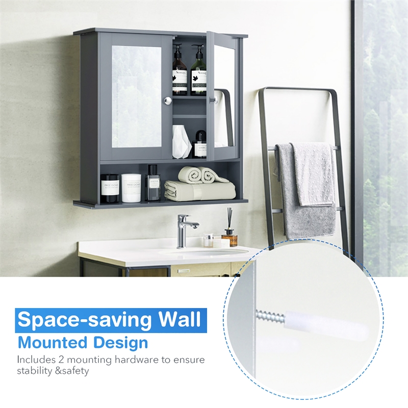 Bathroom Double Mirror Door Storage Medicine Cabinet Grey