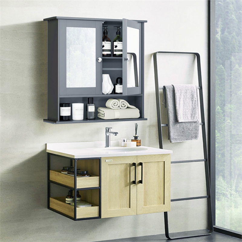 Bathroom Double Mirror Door Storage Medicine Cabinet Grey