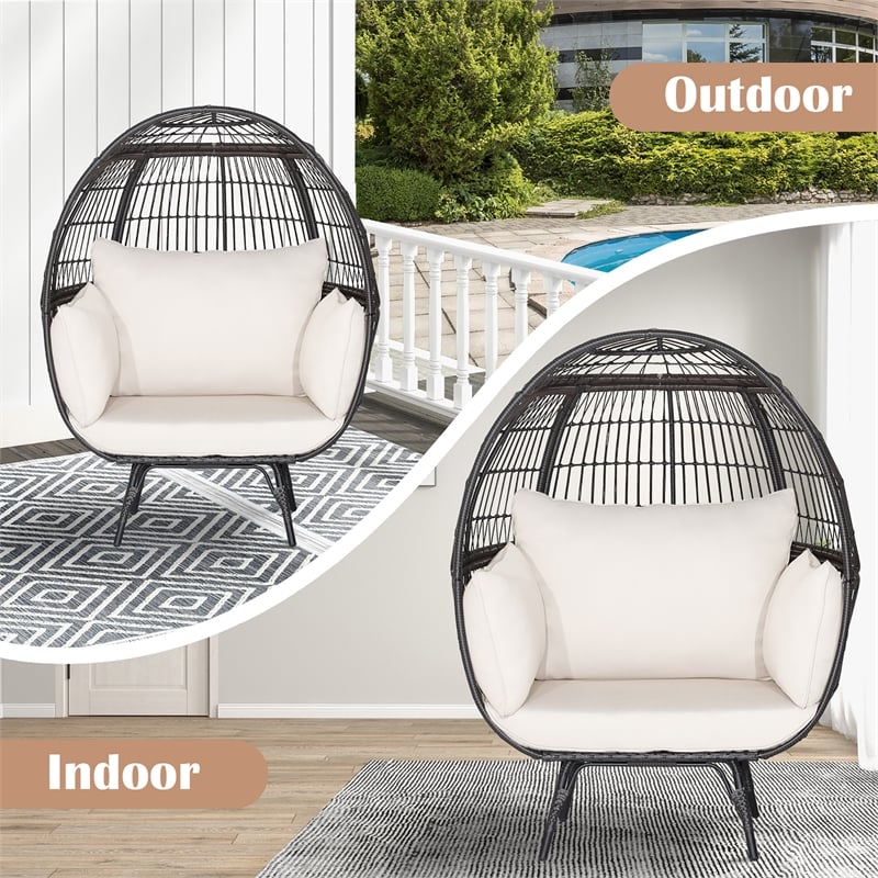 Patio Oversized Rattan Wicker Egg Chair Lounge Basket 4 Cushion White