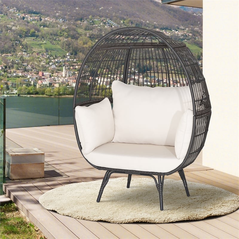 Patio Oversized Rattan Wicker Egg Chair Lounge Basket 4 Cushion White