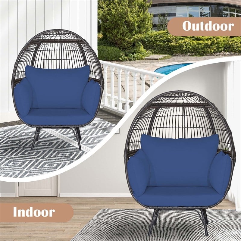 Patio Oversized Rattan Wicker Egg Chair Lounge Basket 4 Cushion Navy