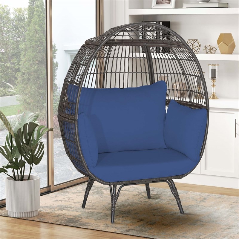 Patio Oversized Rattan Wicker Egg Chair Lounge Basket 4 Cushion Navy