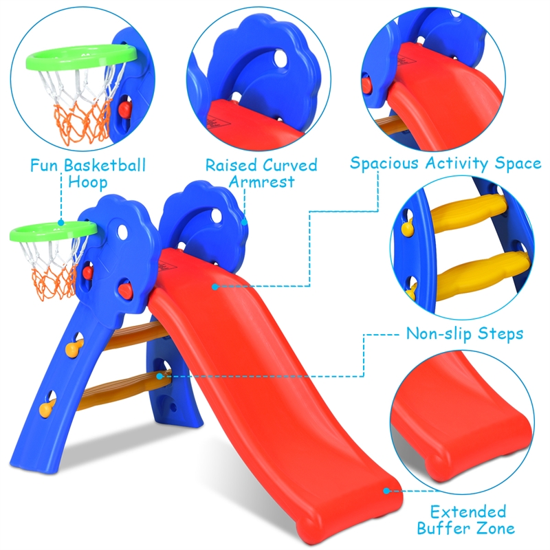 2 Step Children Folding Slide w/ Basketball Hoop For Kids