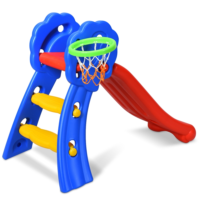 2 Step Children Folding Slide w/ Basketball Hoop For Kids