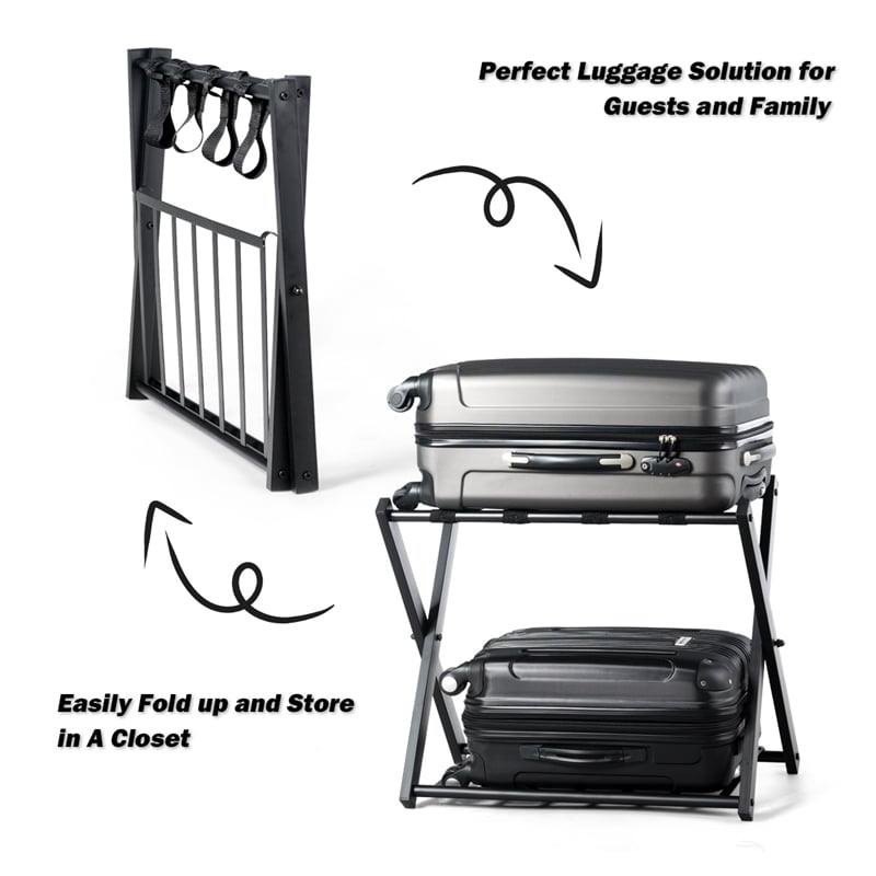 Folding Metal Luggage Rack Suitcase Shoe Holder with Shelf Black