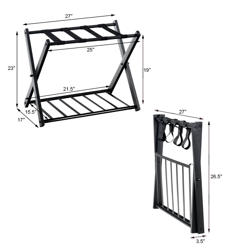 Folding Metal Luggage Rack Suitcase Shoe Holder with Shelf Black